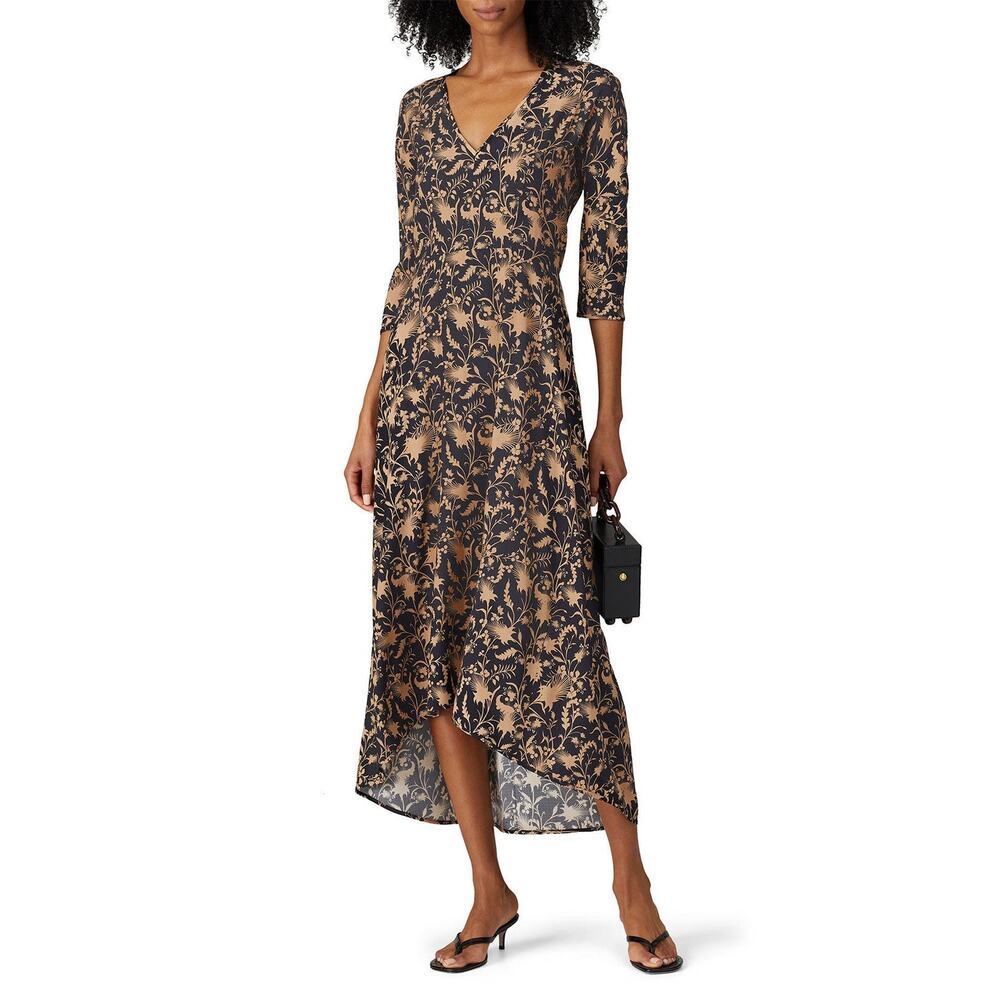 Zero + Maria Cornejo Isie Black Tan Floral Silk Maxi Dress WOMENS 12
